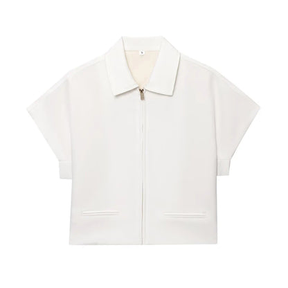 RAFZNB Women's Cropped Jackets Coats Fashion Turn-down Collar Short Sleeve Coats Casual Female Outerwear Chic Tops