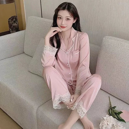 Women's Gray Ink Painting Ice Silk Pajamas Ladies Spring and Autumn Thin Long-Sleeved High-End Sleepwear Loungewear Cherry Print LacePink