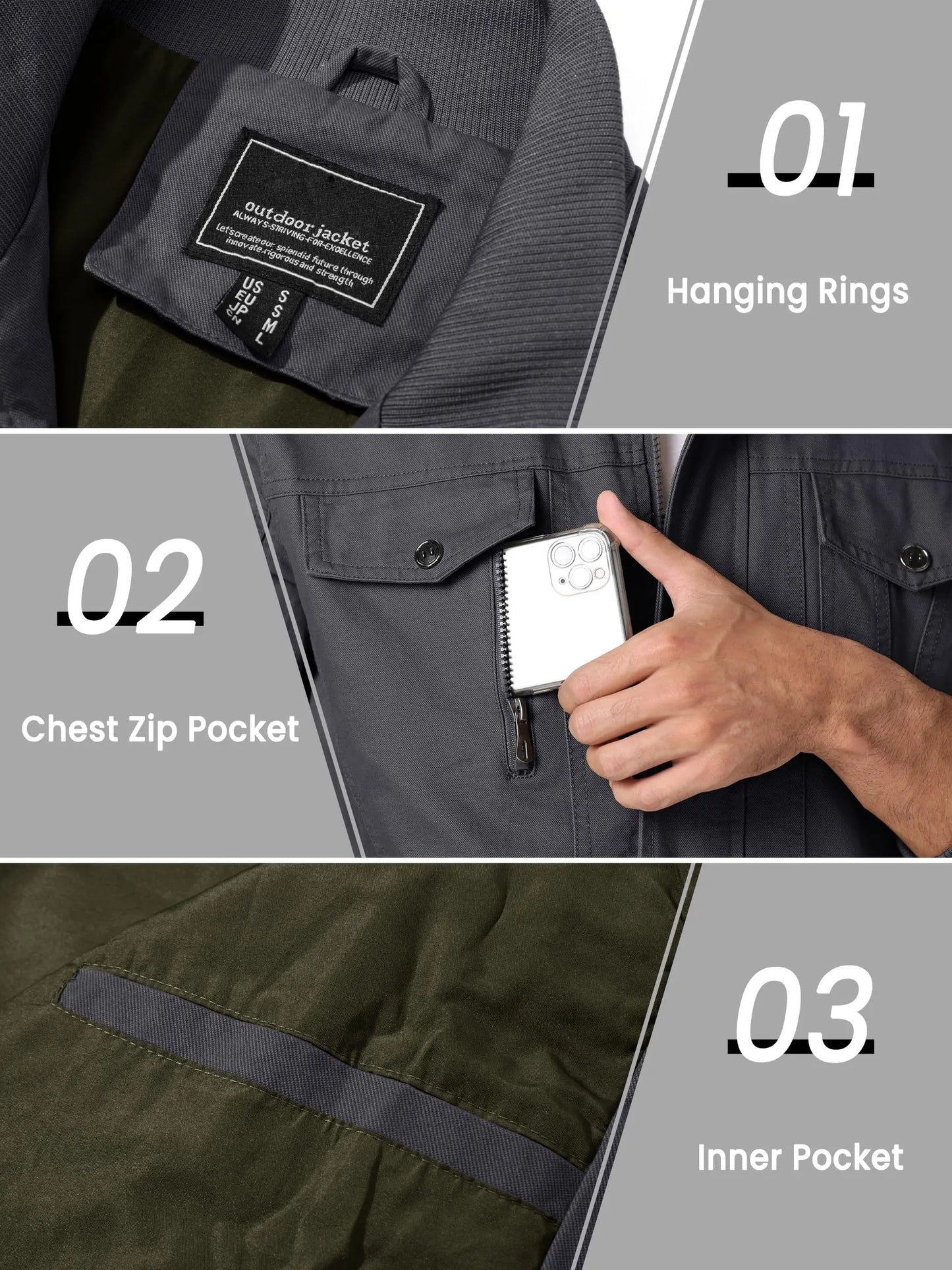 TACVASEN Full Zip Cargo Jacket Mens Retro Stand Collar Pilot Jacket Spring Autumn Lightweight Bomber Jacket Casual Outwear