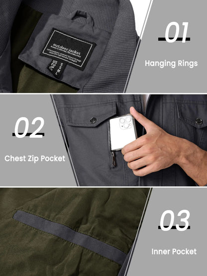 TACVASEN Full Zip Cargo Jacket Mens Retro Stand Collar Pilot Jacket Spring Autumn Lightweight Bomber Jacket Casual Outwear