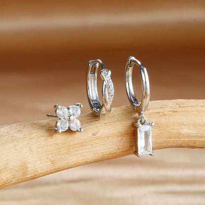 3PCS Fashion Stainless Steel Circle Hoop Earrings Set for Women 18K Gold Plated Zircon Pendant Square Earring Piercing Jewelry