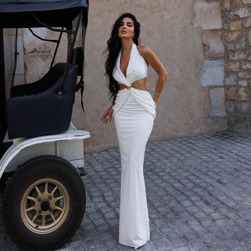 Solid Maxi Halter Dress For Women Fashion Sexy Streetwear Sleeveless Hollow Out V-Neck Sheath Long Vestidos Robe Female Slim Fit