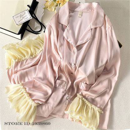 Women Long Sleeve Pajamas 2PCS Set Spring Summer New Sleepwear Loungewear Fashion Stripes Pyjama Pour Femme Loose Satin Homewear Pink Pajamas 1