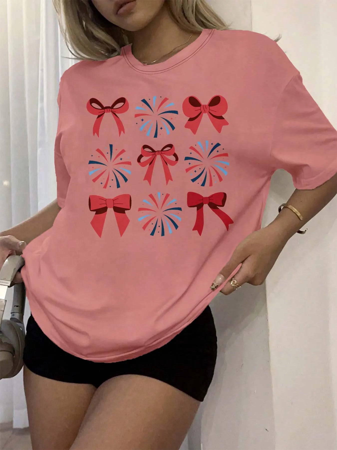 Plus Size Festive Bow And Firework Graphic Tee Elegant Celebration Inspired Top For Stylish Occasions Pink