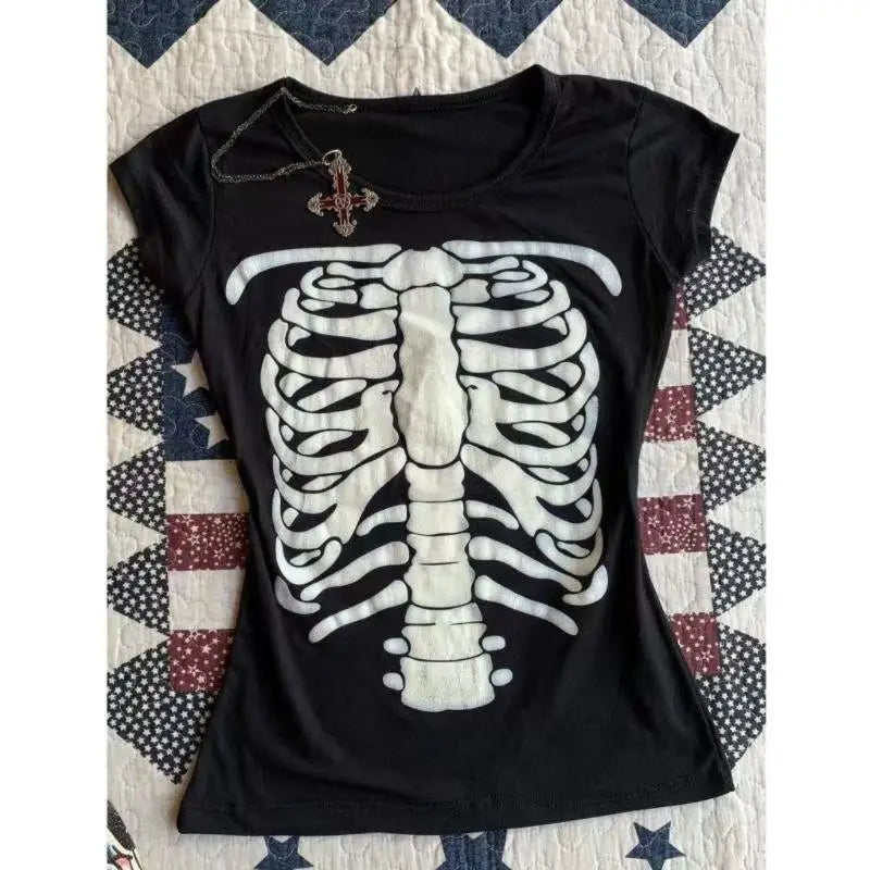 Punk Vintage 2000s Streetwear T shirts Women Clothes Gothic Slim Skulls Print Femme Tshirt Short sleeve Kpop Aesthetic Crop Tops black