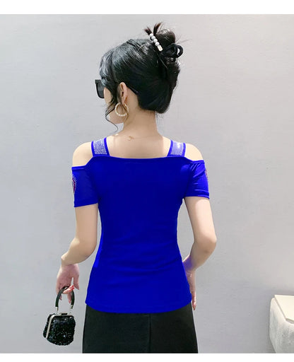 Aoxison Summer Short Sleeved Women's T-Shirt Elegant Slim Shiny Love Heart Diamonds Mesh Tops Chic Girl Sexy Off Shoulder Tees