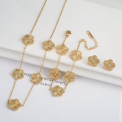 3Pcs Stainless Steel Hot Selling Gold Plated Clover Necklace Earrings Bracelet Jewelry Set Five Leaf Flower Jewelry For Women Jewelry Set 15