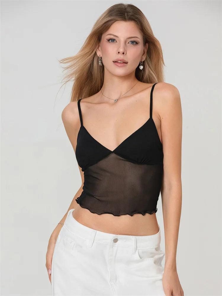 Women Camisole Tops Spaghetti Straps Tulle Patchwork Slim Fit Tank Tops Party Club Sexy Vinateg Corset Cropped Top Summer
