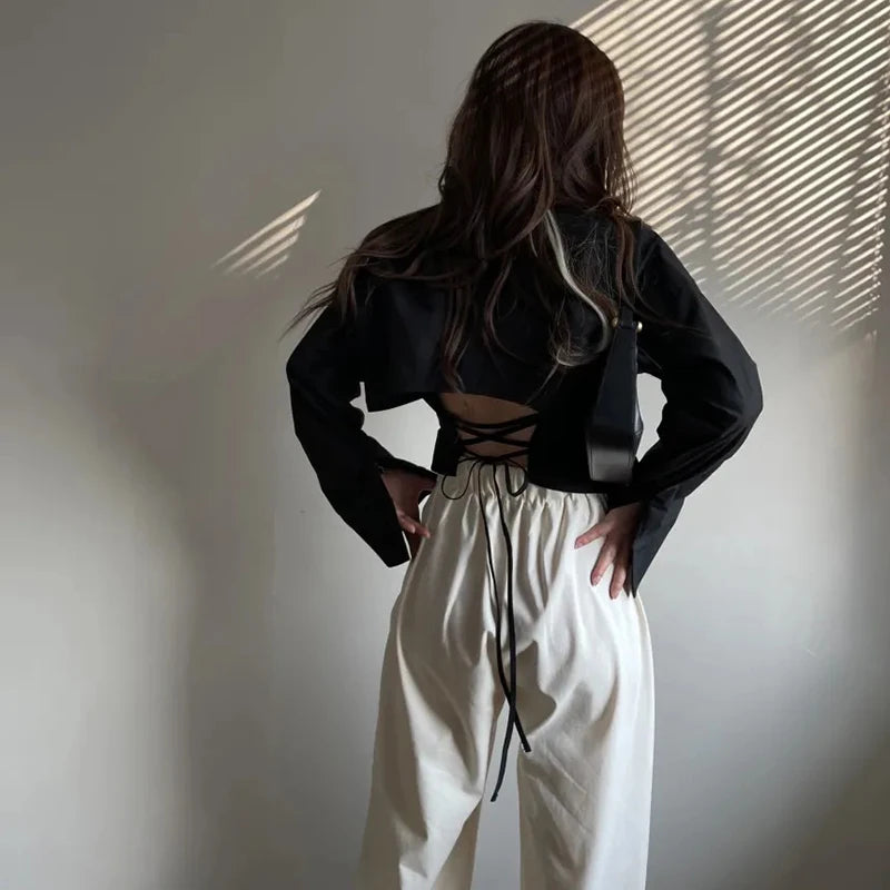 Gidyq Korean Bandage Shirt Women Fashion Backless Sexy Blouse Office Ladies Casual Slim Chic Turn Down Collar Long Sleeve Tops