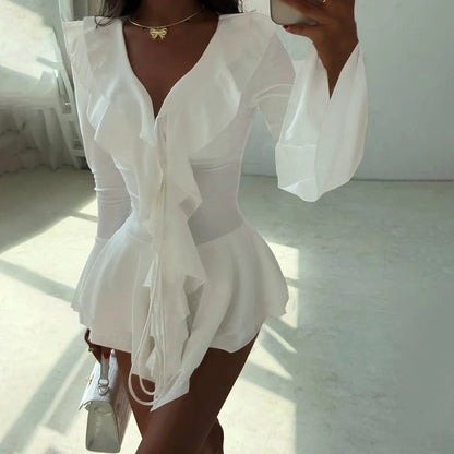 2025 New Autumn Irregular Hem Dress Women Y2K Flare Sleeve V-Neck Bandage Stretch Elegant Birthday Party Chic Hipster Bodycon Badiee Stylez