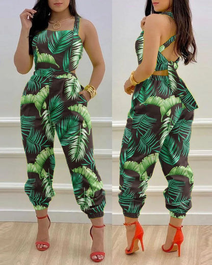 Women's for Jumpsuit Elegant Sexy Suspender Printed Jumpsuits Casual Hip Waist Overalls Romper For Women Spring Summer 2024 Dark Green