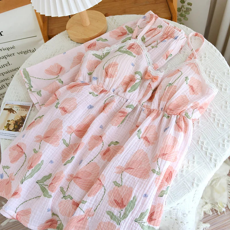 2025 New Summer Women's Pajama Set 100% Cotton Suspenders+Shorts with Chest Pads Two Piece Set of Ladies Flower Home Furnishings