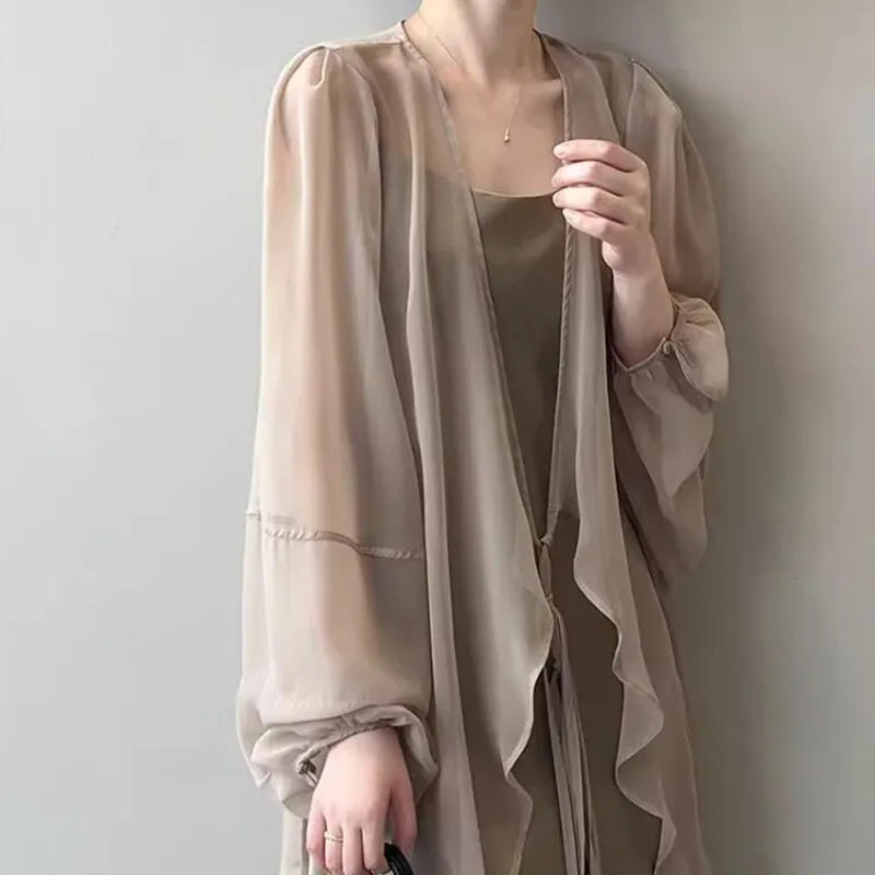 Summer Sun Protection Shirt Korean Women Chiffon Cardigan Blouse Solid Color Ladies Shawl Female Oversize Casual Loose Coats