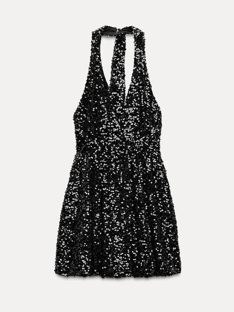 Sexy Sequins Short Black Party Dresses for Women Halter V Neck Backless Sparkly Ruffles Woman Mini Dress 2025 New Club Gowns