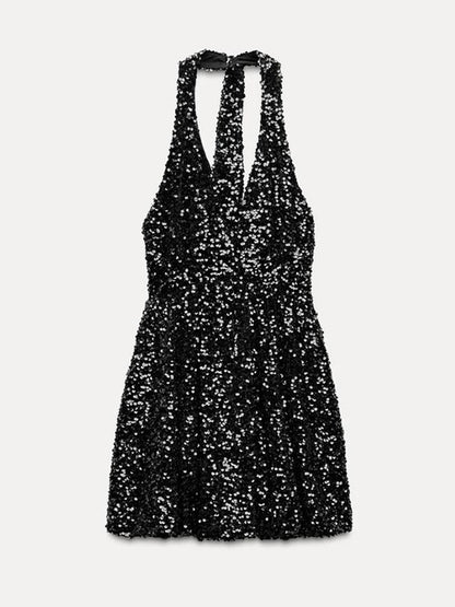 Sexy Sequins Short Black Party Dresses for Women Halter V Neck Backless Sparkly Ruffles Woman Mini Dress 2025 New Club Gowns