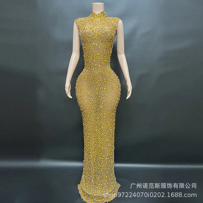 Sexy Full Drill Elastic Slim Fit Sleeveless Long Dress - Hip Wrap, For Host Stage Catwalk & Engagement Evening High-Slit Dresses Badiee Stylez