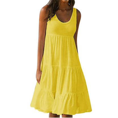 Women Casual Solid Mini Dress 2024 Summer Elegant Sleeveless Ruffles Loose Short Dress Beach Party Sundress Oversize Streetwear Yellow