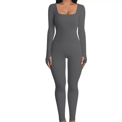 Solid Color Ribbed Yoga Jumpsuit, Seamless Slim Fit Long Sleeve Sports Bodysuit, Women's Activewear Badiee Stylez