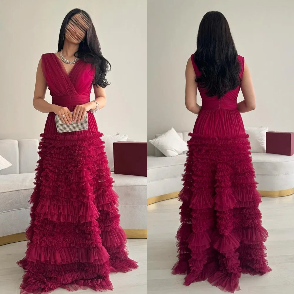 Customized Fashion Classic Tulle Pleat Ruched Tiered A-line V-neck Long Dresses Bespoke Occasion Dresses Matching Exquisite Badiee Stylez
