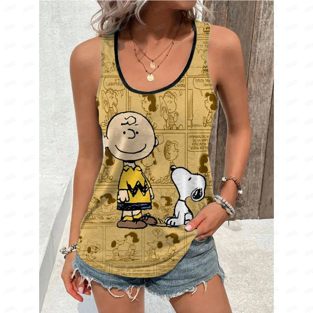 Women's Blouse black Shirts & Blouses Cartoon Snoopy Print Sleeveless Tops Loose V Neck Pulovers Summer Youthful Woman Clothes BXZ1GH01113