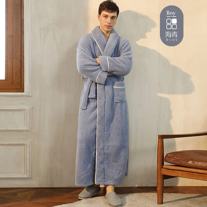 Men's Winter Bathrobe Long Sleeve Warm Turn Down Collar Man Fluffy Bath Robe With Sashes Solid Fleece Dressing Gown For Male Sea cyan male
