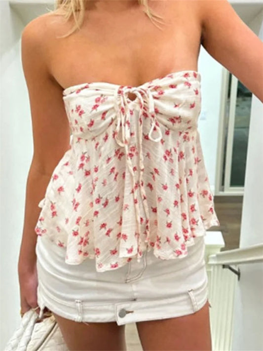CHRONSTYLE Strapless Off Shoulder Ruched Tube Tops Women Front Tie-up Ruffles Summer Party Clubwear Tank fLORAL pRINT Mini Vest