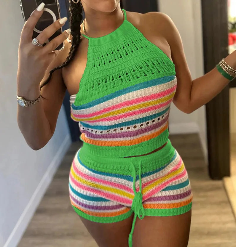 Striped Hollow Out Top & Drawstring Shorts Set Women Two Piece Set Y2k Club Beach Vest Halter Tops Elastic Waist Summer 2025