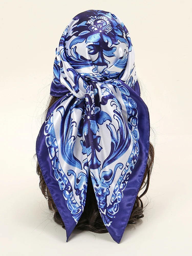 New Blue And White Porcelain Satin Silk Square Scarf Hijab Printed Muslim Women Headscarf Ladies 2024 Headband Scarf 90*90cm