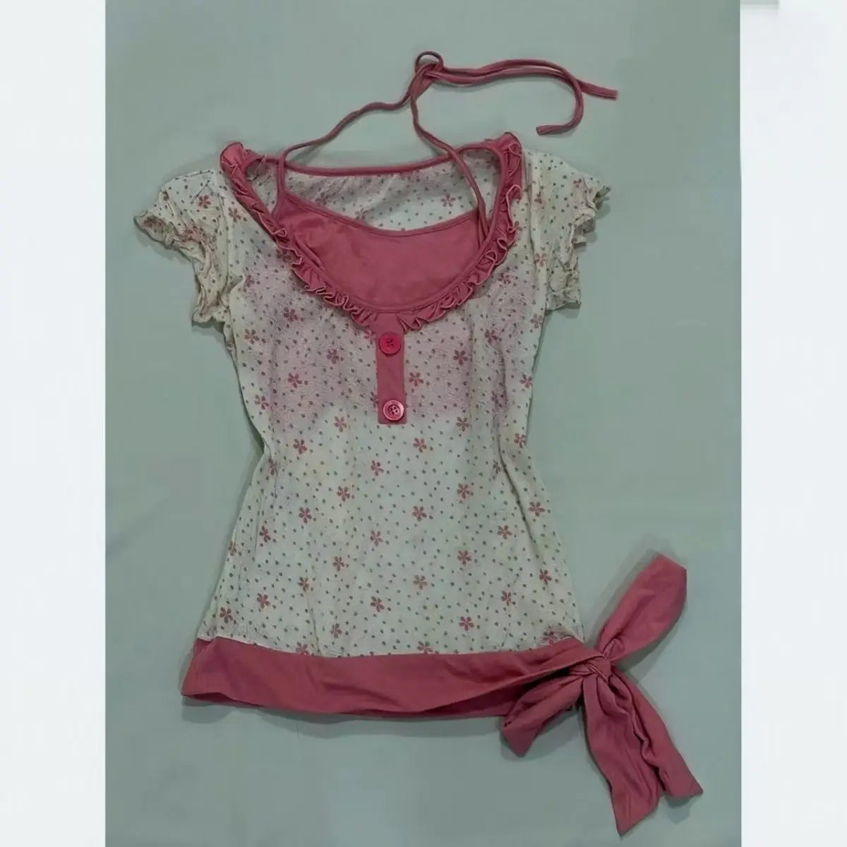 Retro Floral Print Fake Two-piece Short-sleeved T-shirt Women Y2K Millennial Hot Girl Sweet Slim Harajuku Street Casual Top