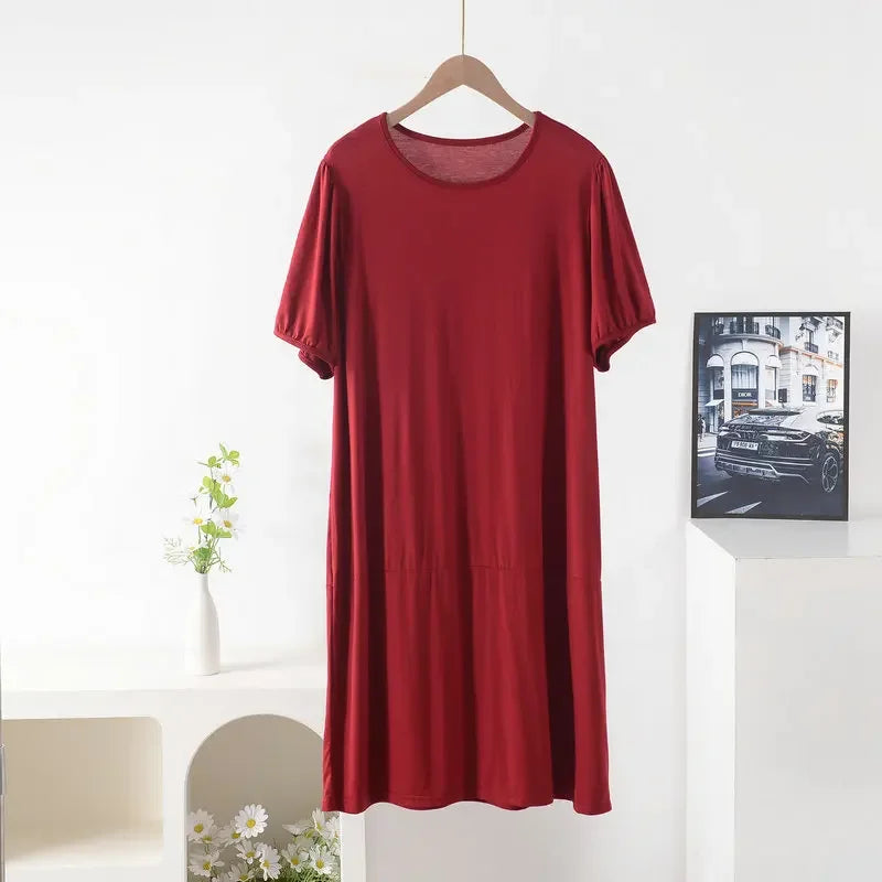 Plus size Summer women's Loose dress short sleeves solid color XL to 8XL dresses wine