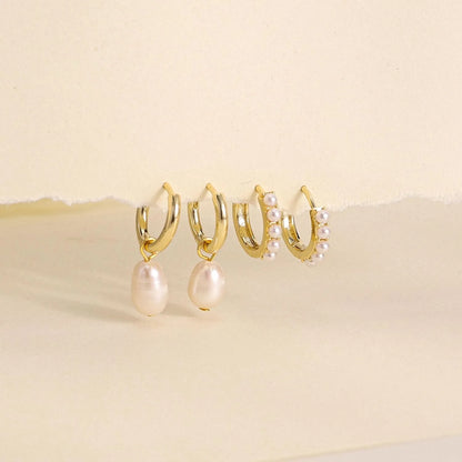 2 Pair/Set Fashion Stainless Steel Imitation Pearls Dangle Hoop Earrings for Women Dainty 18k Gold Plated Hoops Vintage Jewelry