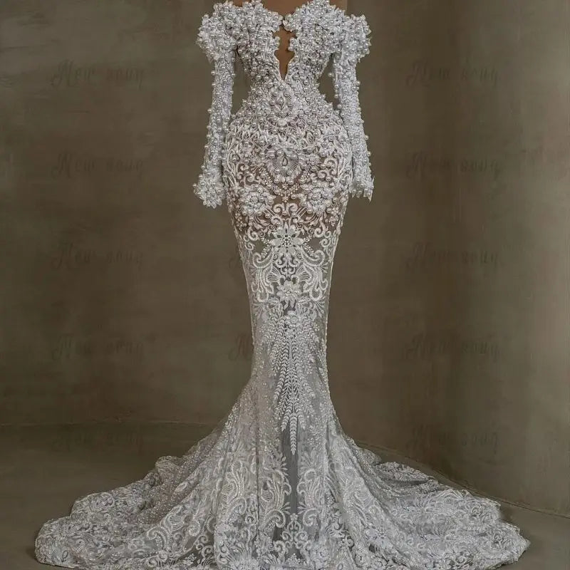 White Lace Off Shoulder Long Sleeve Evening Dress Mermaid Bridal Gown Dubai Elegant Wedding Party Dresses Pearls Customized Badiee Stylez