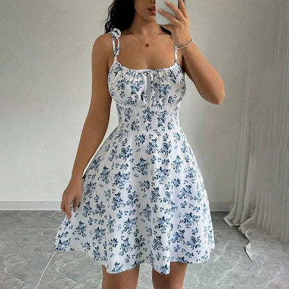 2025 new vacation style short summer French vacation temperament floral suspender dress short skirt women's clothing