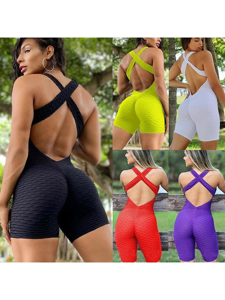 2024 Women's Sports Suit Sleeveless Backless Jumpsuits Costume Quick Dry Gym Bodysuit Tracksuit Fitness Tights Scrunch Leggings Badiee Stylez