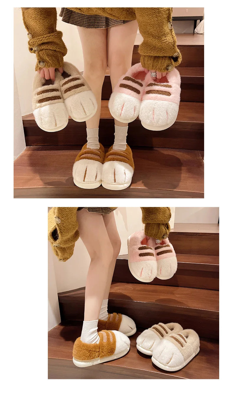 New Adorable Kitty Claw Slippers Women's Home Shoes Non Slip Furry Mules Female Fashion Warm Fluffy Slides Outdoor Cat Slippers Badiee Stylez