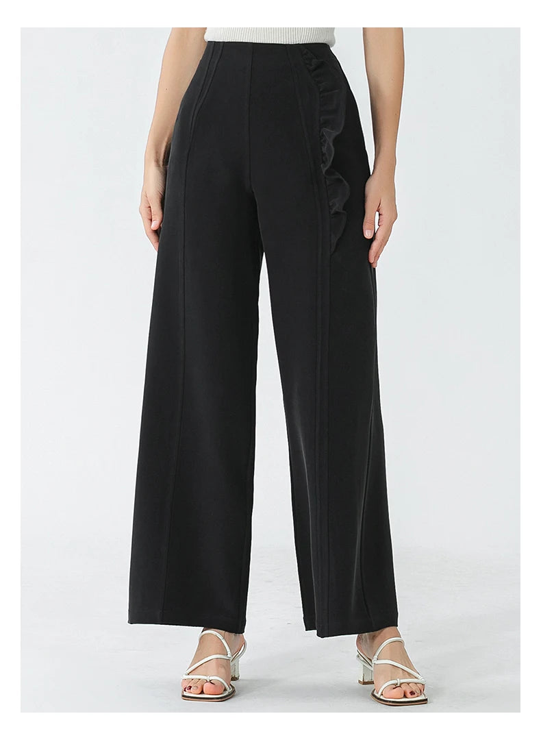 VOA Black 45 Momme Heavyweight Silk Natural Waist Trousers Asymmetrical Ruffle Office Ladies Straight Suit Wide Leg Pants KE797 Badiee Stylez