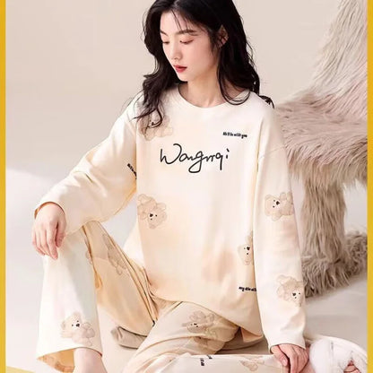 Women's Pajamas Two-Piece Casual Cute Comfortable Sleepwear Homewear Set Tops and Trousers Nightwear Lounge Wear Autumn Winter 9044Apricot