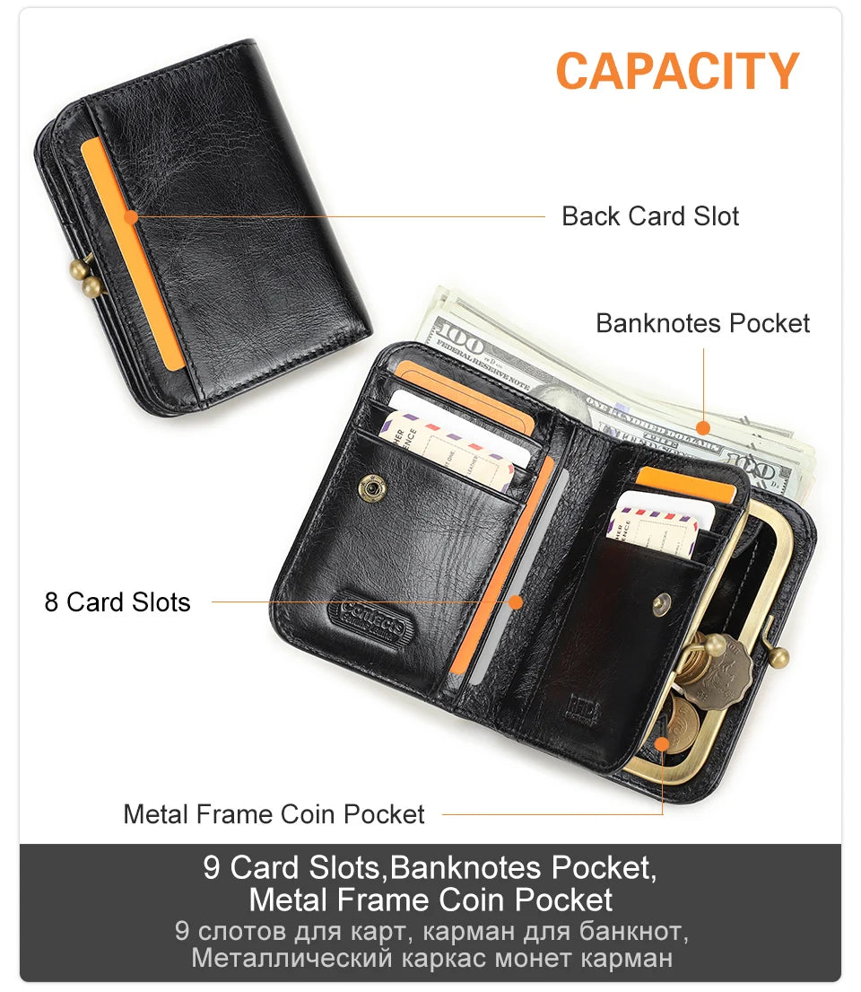 CONTACT'S Genuine Leather Short Wallets for Women Kiss Lock Classic Wallet Metal Frame Coin Purses Card Holder Money Clip Bags