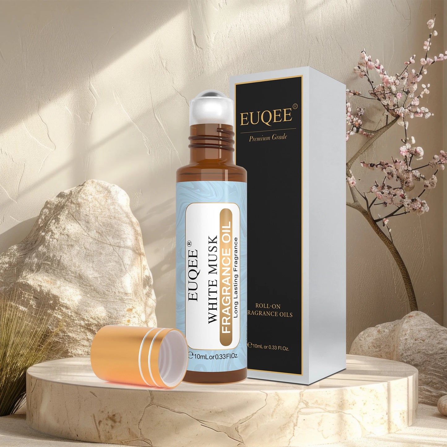 EUQEE 3PCS Fragrance Oils Roll-On Long Lasting Scent Coconut & Vanilla White Musk Baby Powder Fresh Linen Oud Wood Amber Romance