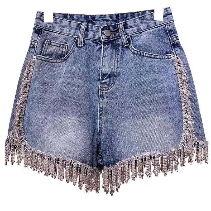 Sexy Wimen Rhinestones Fringed High Waist Hot Drilling Denim Shorts Diamonds Tassels Jeans Hot Pants Chic Crystal Short Trousers