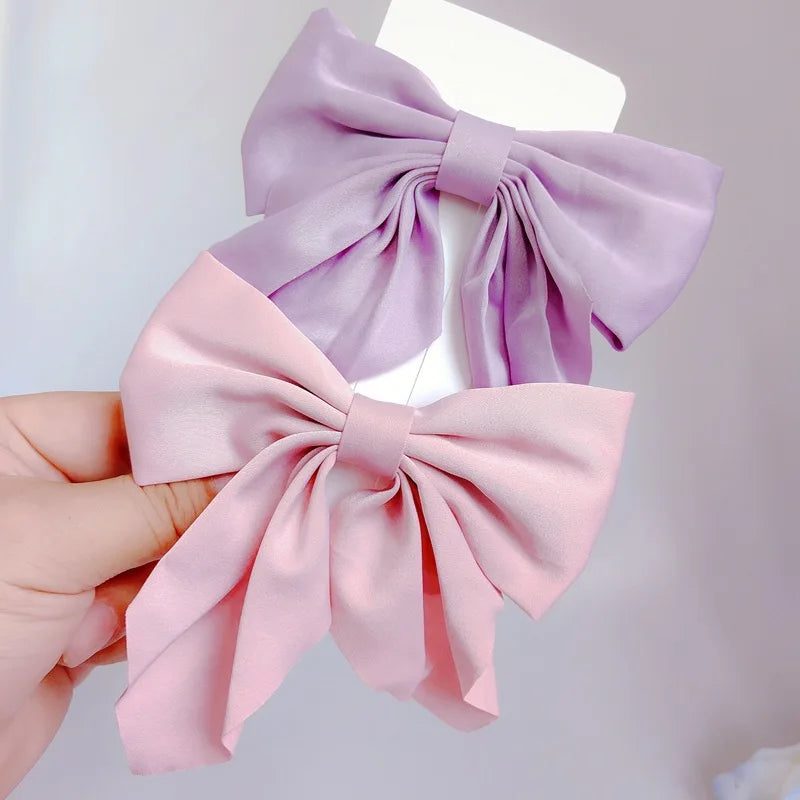Solid Color Satin Bowknot Hair Clips For Girls Sweet Bow Women Hairpins Butterfly Barrettes Duckbill Clip Kids Hair Accessories 2pcs-Purple Pink