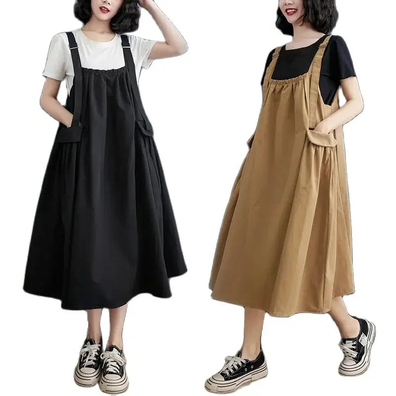 Female Dress Summer Mid-Length Loose Solid Color Pocket Swing Chic Casual Straps Dresses New Women Dress Vestidos Selling