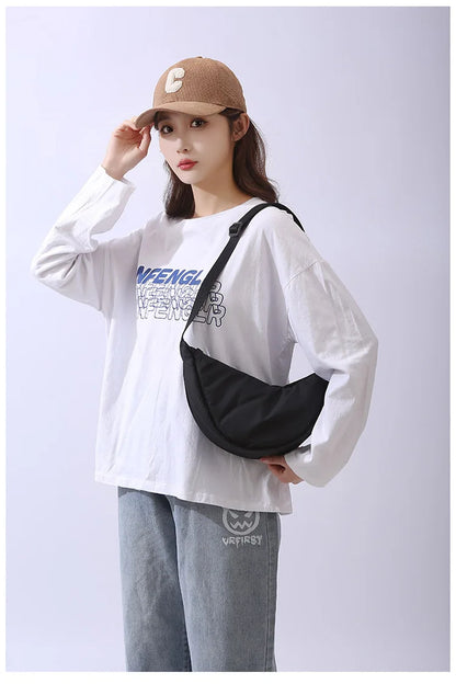 Solid Color Women's Portable Shoulder Bag Simple Female Nylon Cloth Padded Crossbody Bags Travel Purse Handbags Messenger Bag