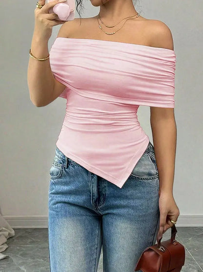 Women New T-shirt Summer Fashion Slash Neck Streetwear Casual Slim Versatile Tees Solid Sexy Off Shoulder Elegant Lady Clothing