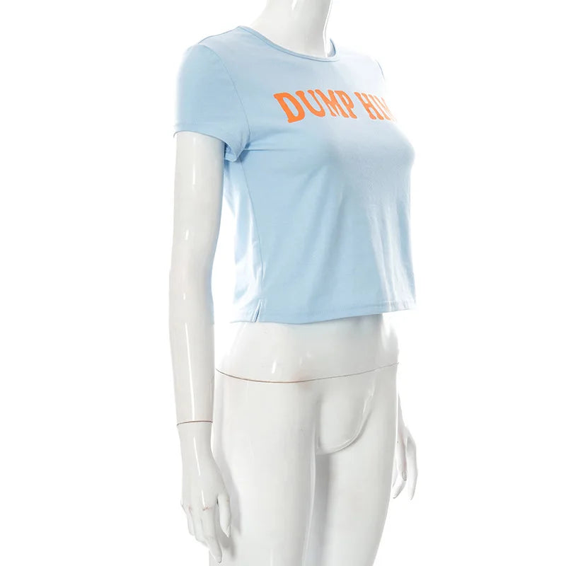 Cute 2000s Aesthetics Letter Print Blue Baby Tees Y2K Streetwear O-neck Short Sleeve Crop Tops Women Fashion 2023 Slim