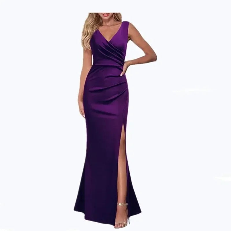 Women's V-neck Sleeveless Maxi Dress Summer Party Dance Slim Side Slit Evening Dress Sexy Backless Elegant Long Dress Partywear PURPLE