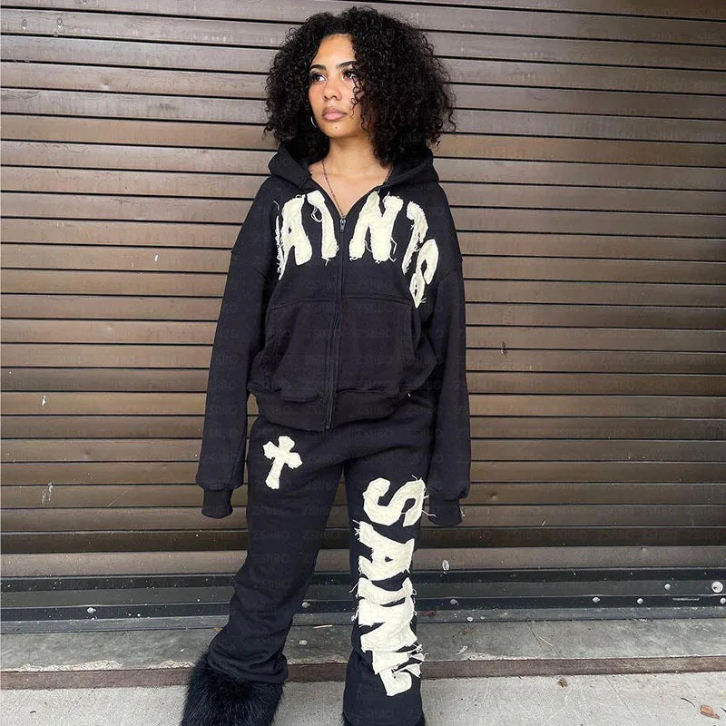 Y2K New European and American Fashion High Street Trendy Sweatshirts Hip Hop Zipper Jacket for Men Letter Patch Loose Hoodies