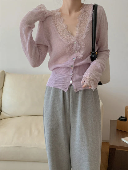 High-fashion Kawaii Botton Up Lace Patchwork Knitted Cardigan Women Autumn Winter Ladies Elegant Vintage Sweater Cheap Wholesale