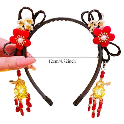 Glowing Hanfu Wig Headband Flower Tassel Chinese Style Luminous Lantern Headband Cute Red New Year Headdress New Year Dress Up