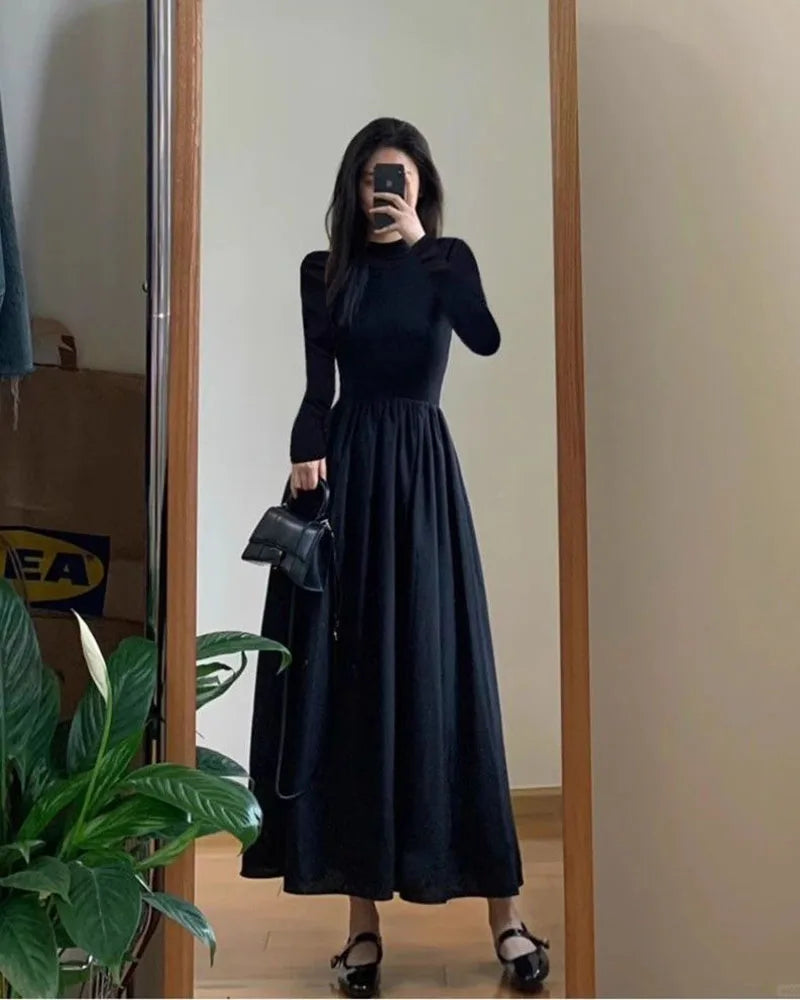 Lucyever French Style Black A-Line Dresses Women Elegant High Waist Long Sleeve Midi Dress Autumn Winter Slim Fit Maxi Dress Badiee Stylez